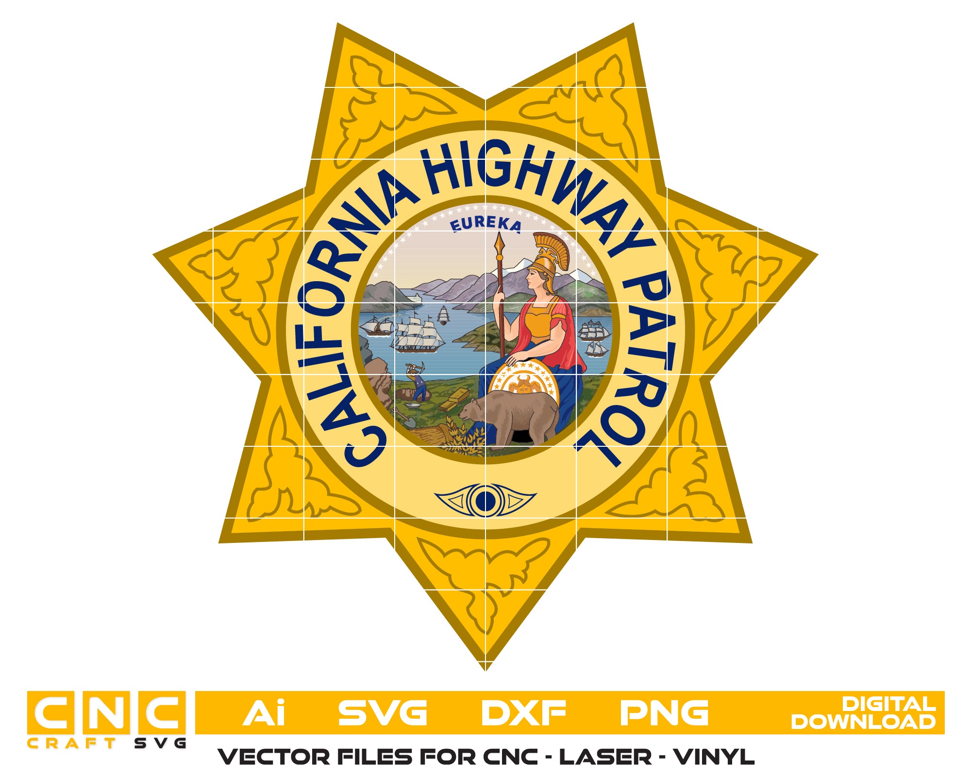 California Highway Patrol Color Badge SVG

CHP Law Enforcement Sublimation File

Full Color Police Badge Vector for UV Printing

California Highway Patrol Apparel Design

7-Point Star Shield Vector File