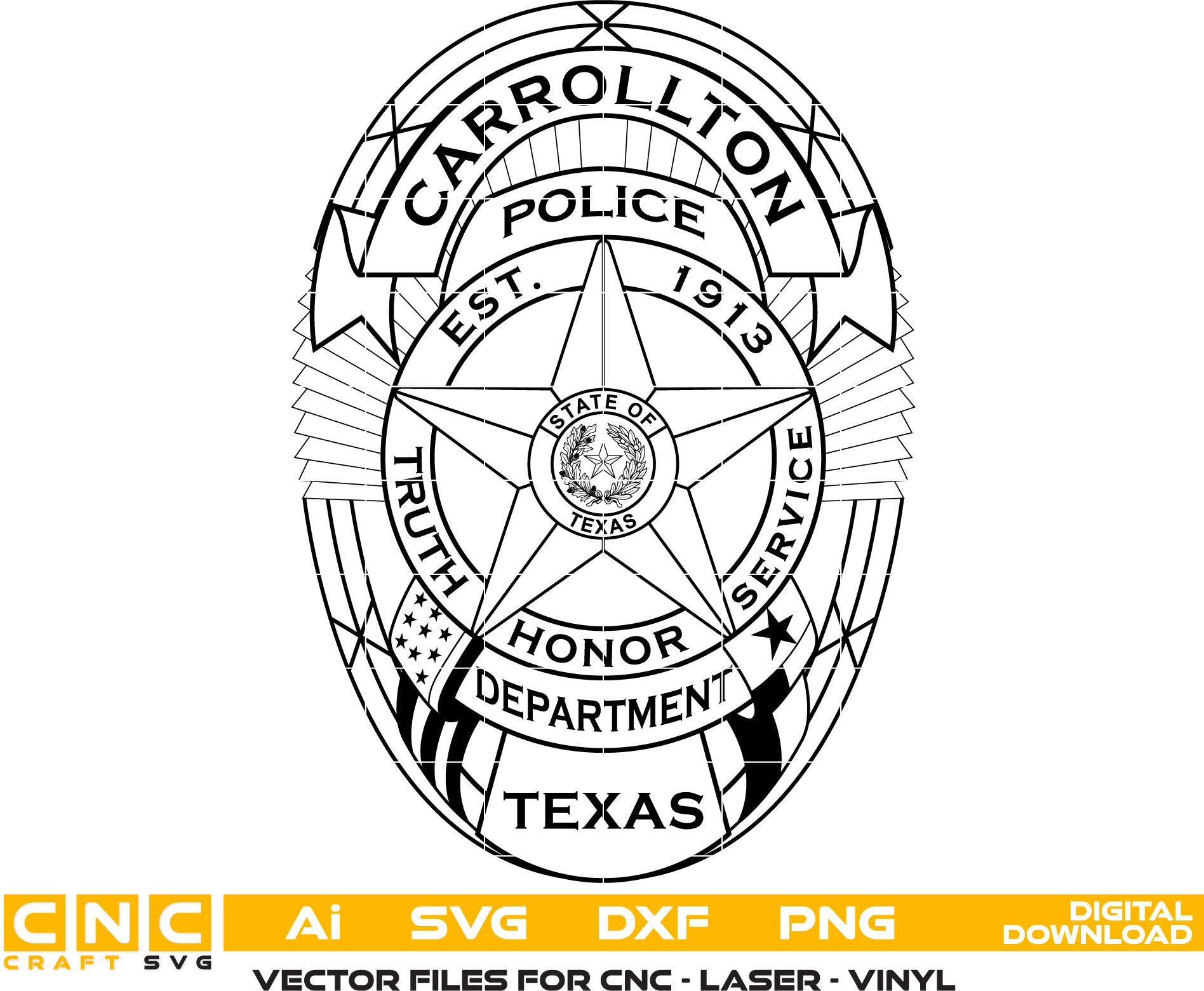 Carrollton Police Department Badge SVG

Texas Law Enforcement Vector Design

Lone Star Police Badge Engraving File

Carrollton TX Police Sign CNC File

State of Texas Seal Vector for Lasers