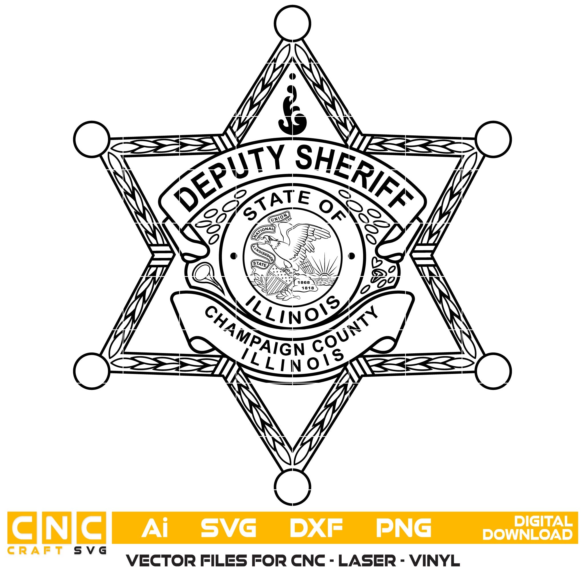 Champaign County Deputy Sheriff Badge SVG

Illinois Law Enforcement 6 Point Star Vector

State of Illinois Seal Engraving File

Deputy Sheriff Badge Sign CNC File

Star Police Shield Vector for Lasers