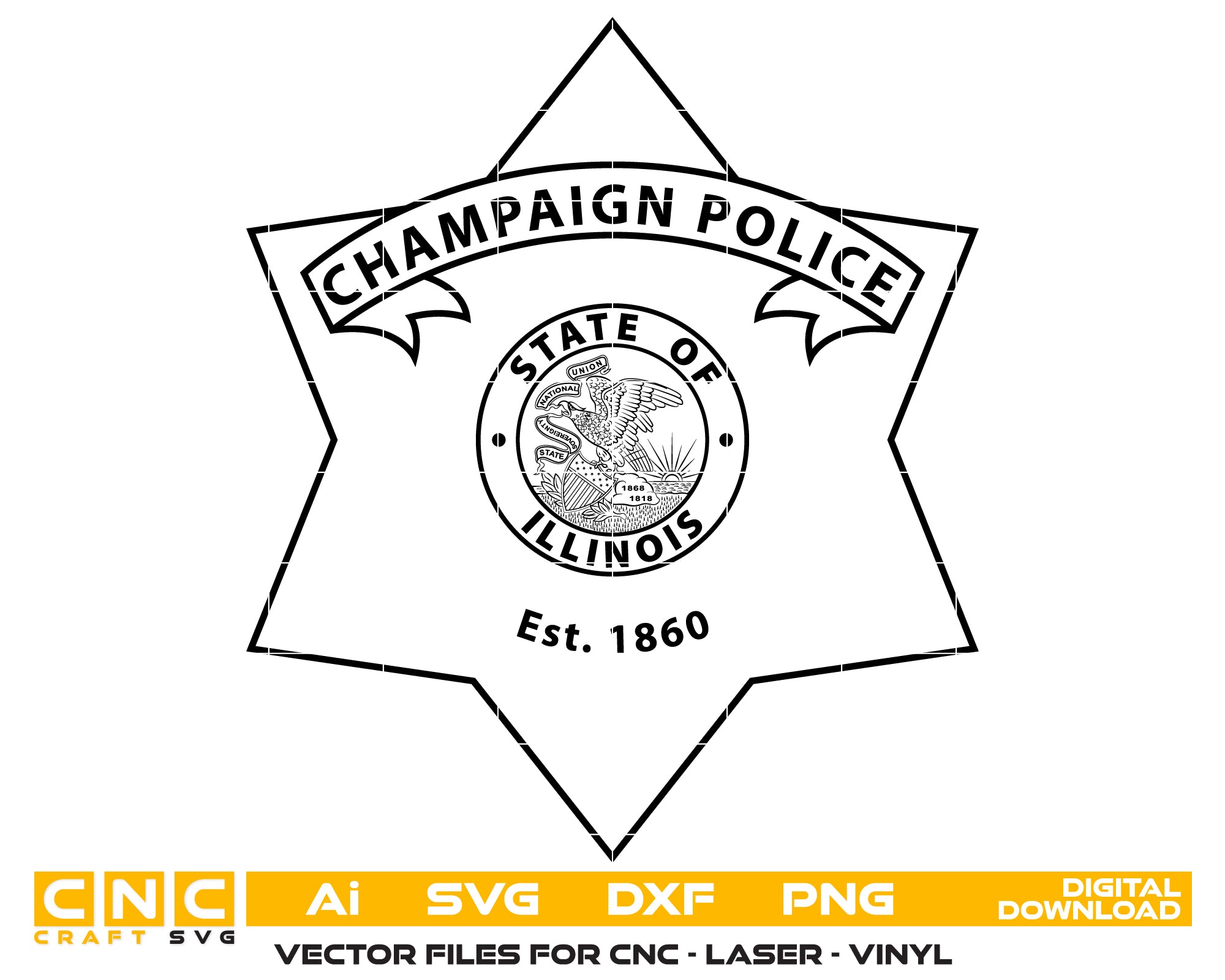 Champaign Police Department Badge SVG

Illinois Law Enforcement 6 Point Star Vector

State of Illinois Seal Engraving File

Champaign Police Star Sign CNC File

Police Badge Shield Vector for Lasers