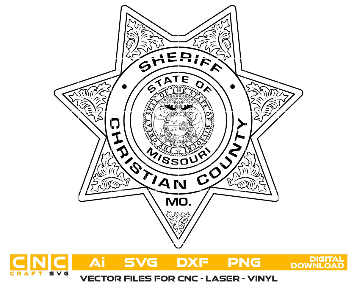 Christian County Missouri Sheriff Badge SVG, Christian County Sheriff Badge Vector, Missouri Sheriff Badge SVG, MO Sheriff Star Badge, Seven Point Sheriff Badge Vector, Law Enforcement Badge SVG, Badge Engraving File