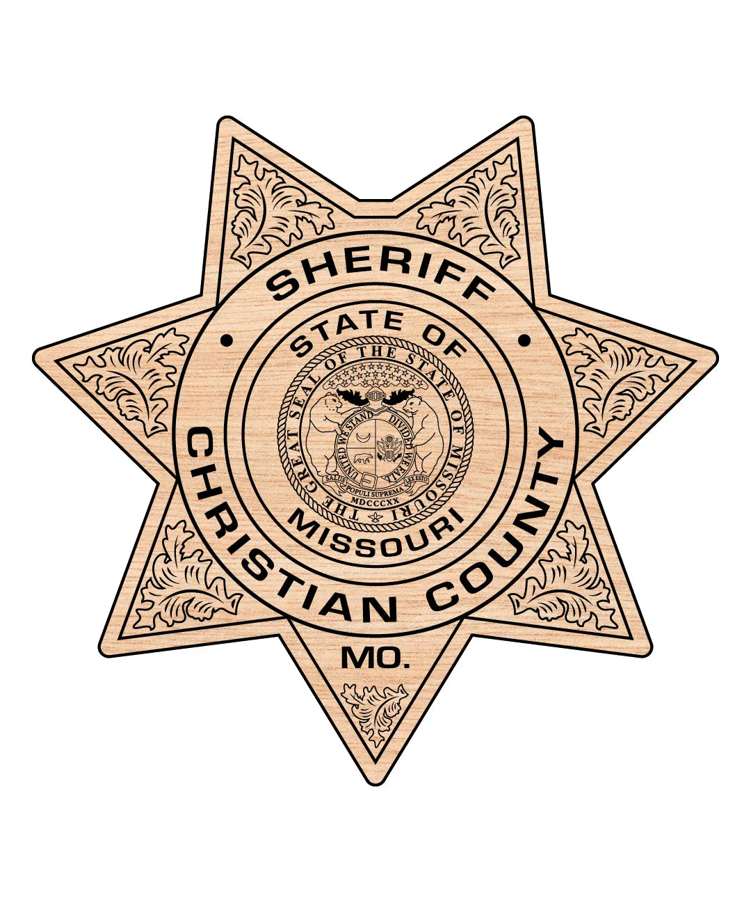 A laser-cut wooden sheriff's badge shaped like a six-pointed star, featuring the text 'SHERIFF CHRISTIAN COUNTY' and 'STATE OF MISSOURI' with an engraved seal in the center, shown on a plain white background.