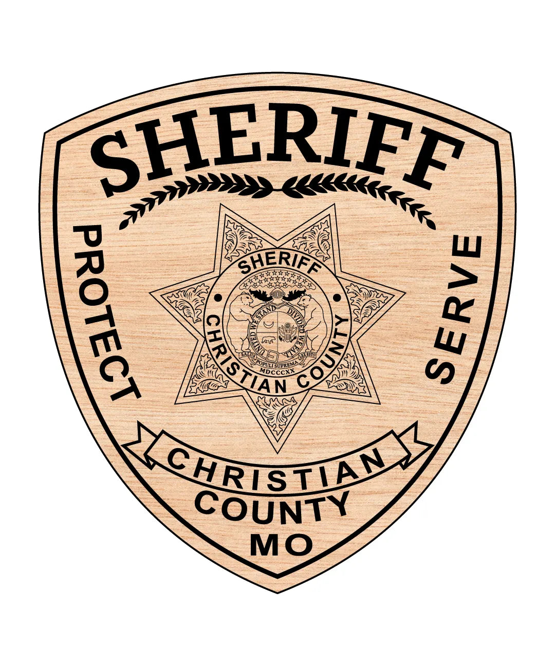 A wooden sheriff's badge-shaped plaque featuring black engraved text and emblem, including 'SHERIFF', 'PROTECT', 'SERVE', and 'CHRISTIAN COUNTY MO'.