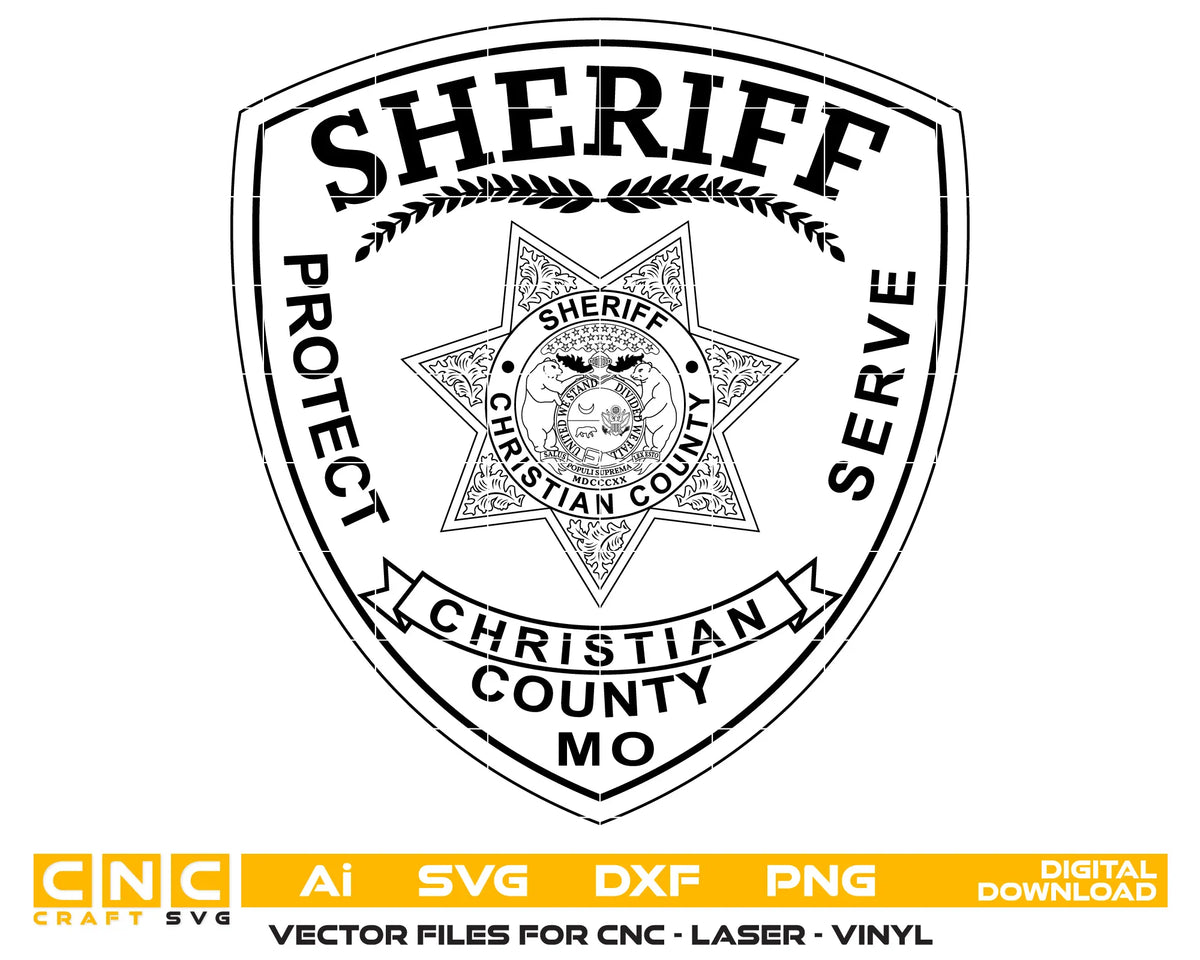 Christian County Missouri Sheriff’s Office Patch SVG, Christian County Sheriff Patch Vector, Missouri Sheriff Patch SVG, Christian County MO Sheriff Emblem, Sheriff Star Patch Vector, Law Enforcement Patch SVG, Sheriff Patch Engraving File