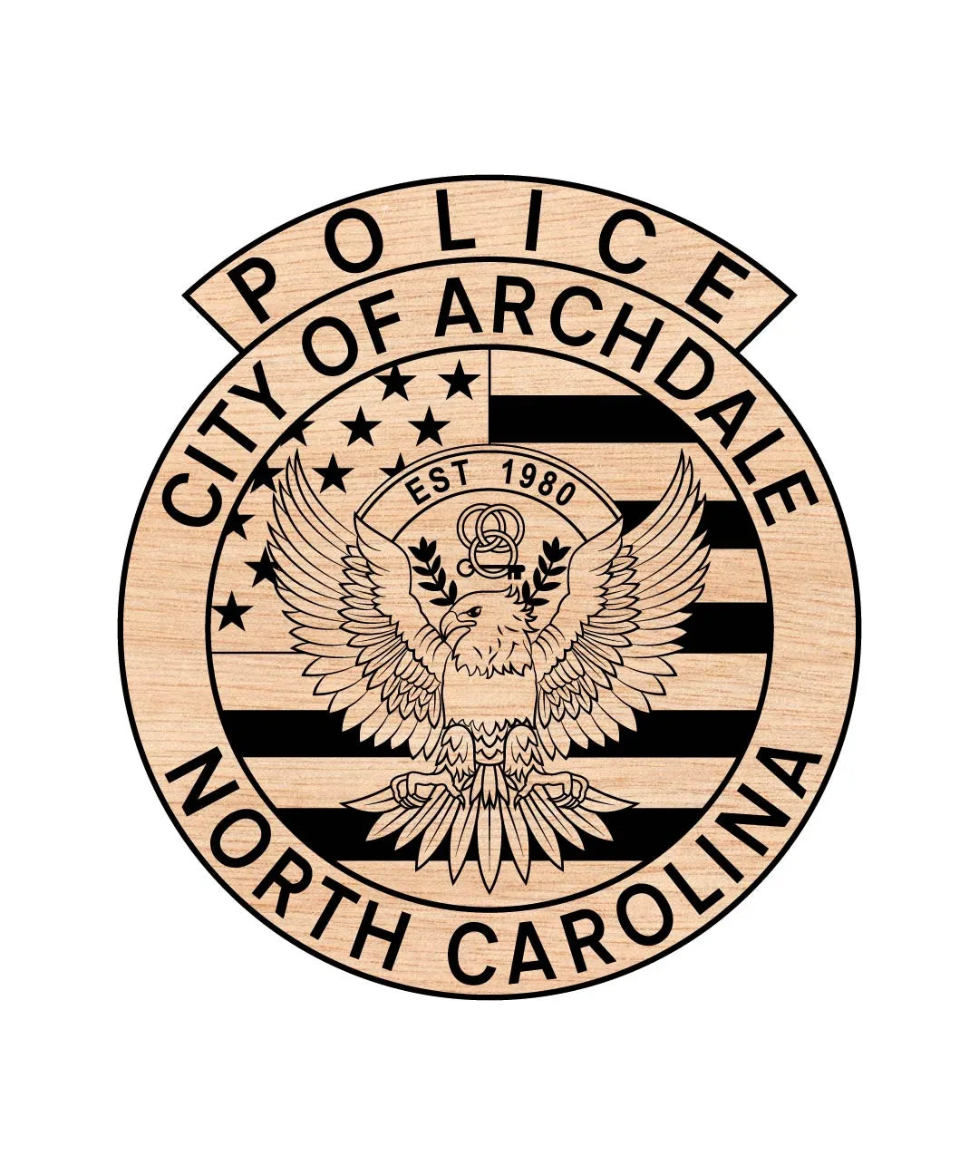 A circular City of Archdale Police seal for North Carolina, featuring a woodgrain-textured background with black engraved details of an eagle, stars, stripes, and the text 'POLICE', 'CITY OF ARCHDALE', and 'NORTH CAROLINA'.