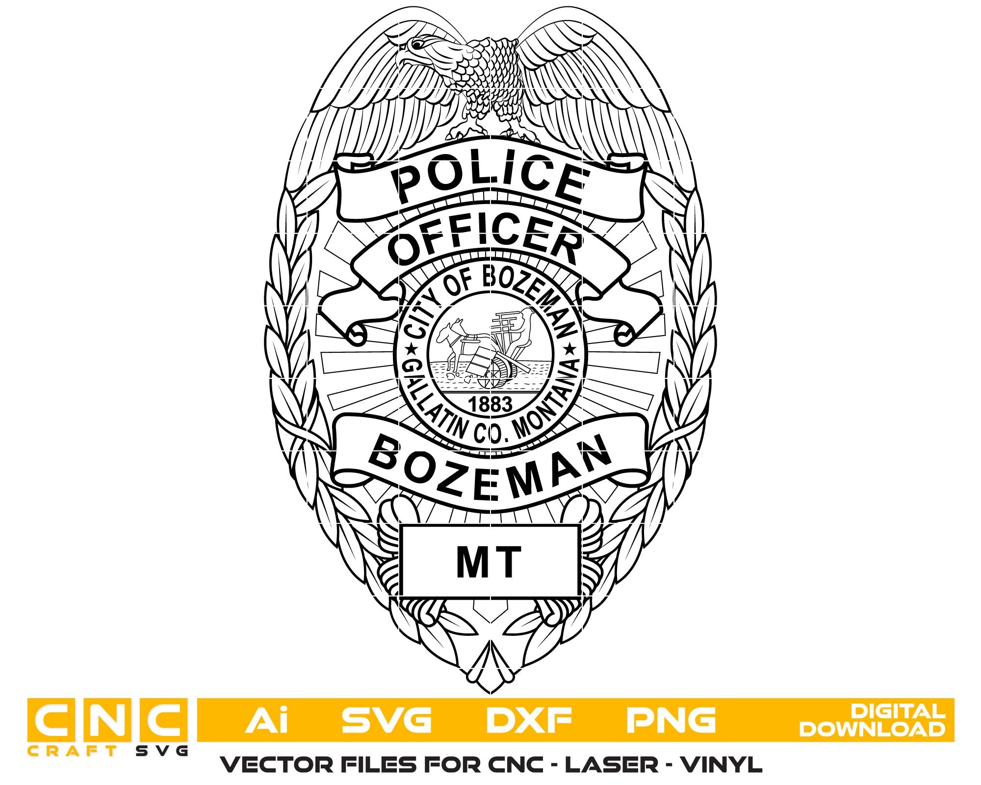 City of Bozeman Police Badge SVG for CNC

Bozeman Montana Police Officer Shield Vector

Montana Law Enforcement Emblem for Laser Engraving