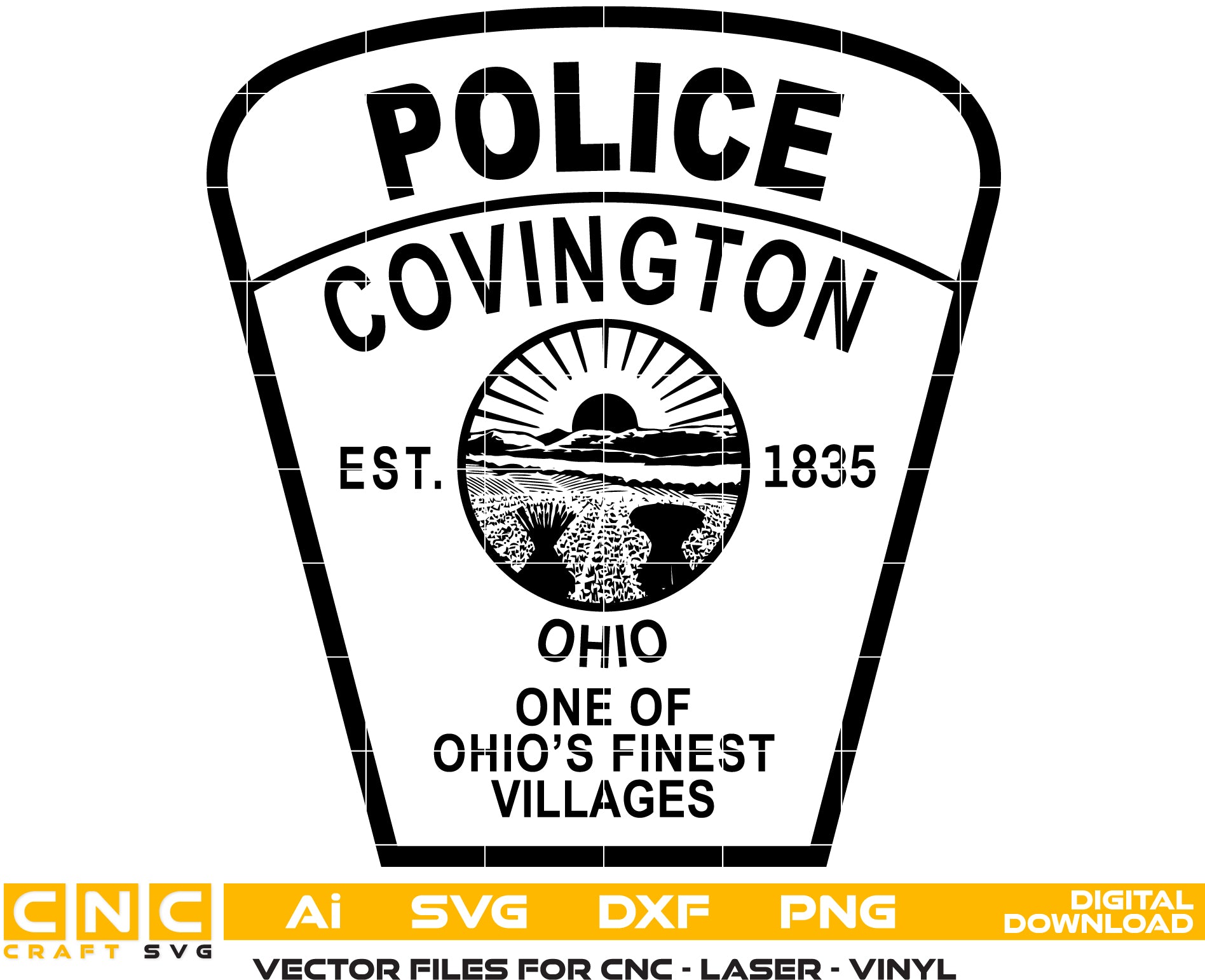 City of Covington Ohio Police Patch SVG for CNC

Covington OH Police Emblem Vector for Laser Engraving

Covington Ohio Village Police Patch for Wood Carving

Professional Covington OH Law Enforcement Badge Design

Covington Ohio Police SVG Logo for CNC Router Projects