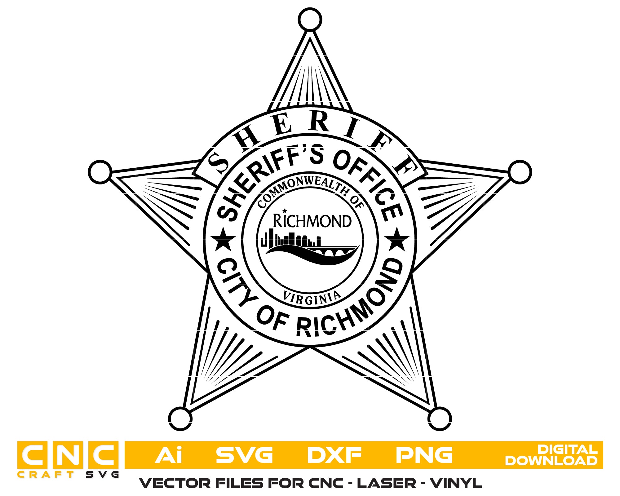 City of Richmond Sheriff’s Office Badge SVG for CNC

Richmond VA Sheriff Star Badge Vector for Laser Engraving

City of Richmond Virginia Sheriff Emblem for Wood Carving

Professional Richmond VA Law Enforcement Star Design

Richmond Sheriff SVG Logo for CNC Router Projects