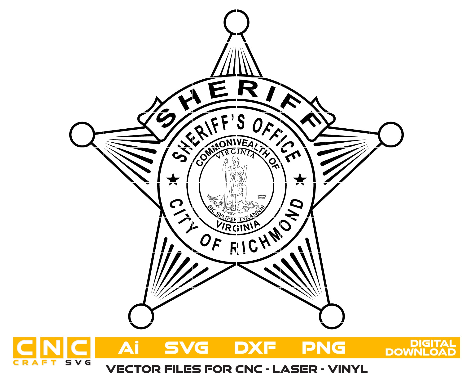 City of Richmond Sheriff's Office Badge SVG for CNC

Richmond VA Sheriff Badge Vector for Laser Engraving

City of Richmond Virginia Sheriff Emblem for Wood Carving

Professional Richmond VA Law Enforcement Shield Design

Richmond Sheriff SVG Logo for CNC Router Projects