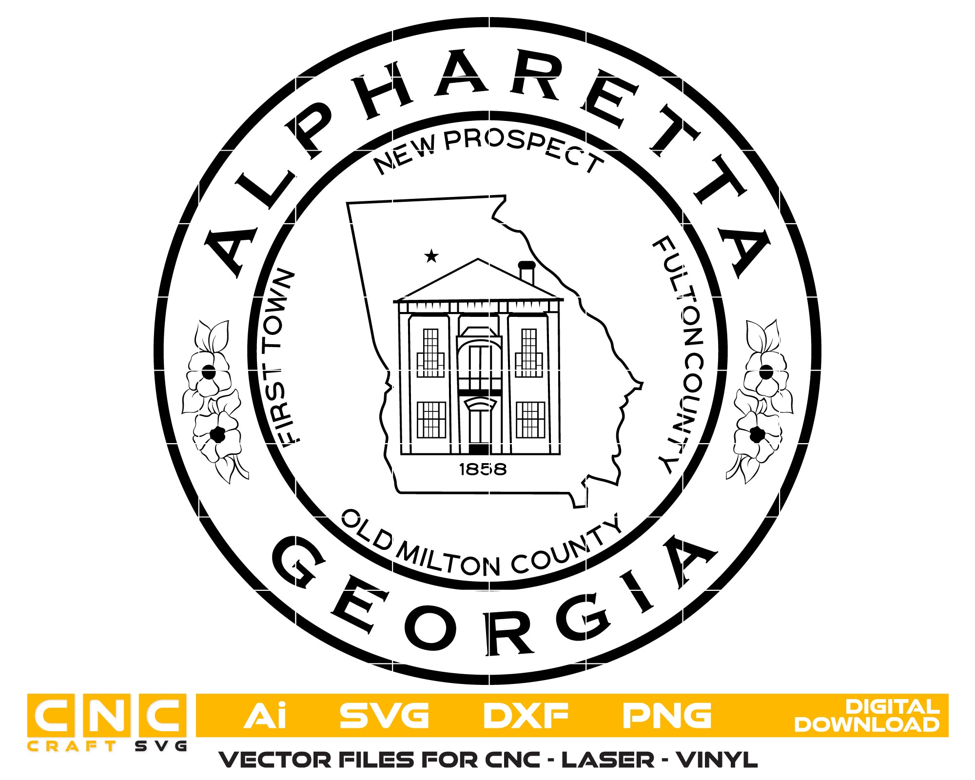 City of Alpharetta GA Seal Logo SVG

Georgia Municipal Seal Engraving File

Alpharetta Historic Building Vector

City Hall Plaque Sign CNC File

Alpharetta Georgia Crest for Lasers