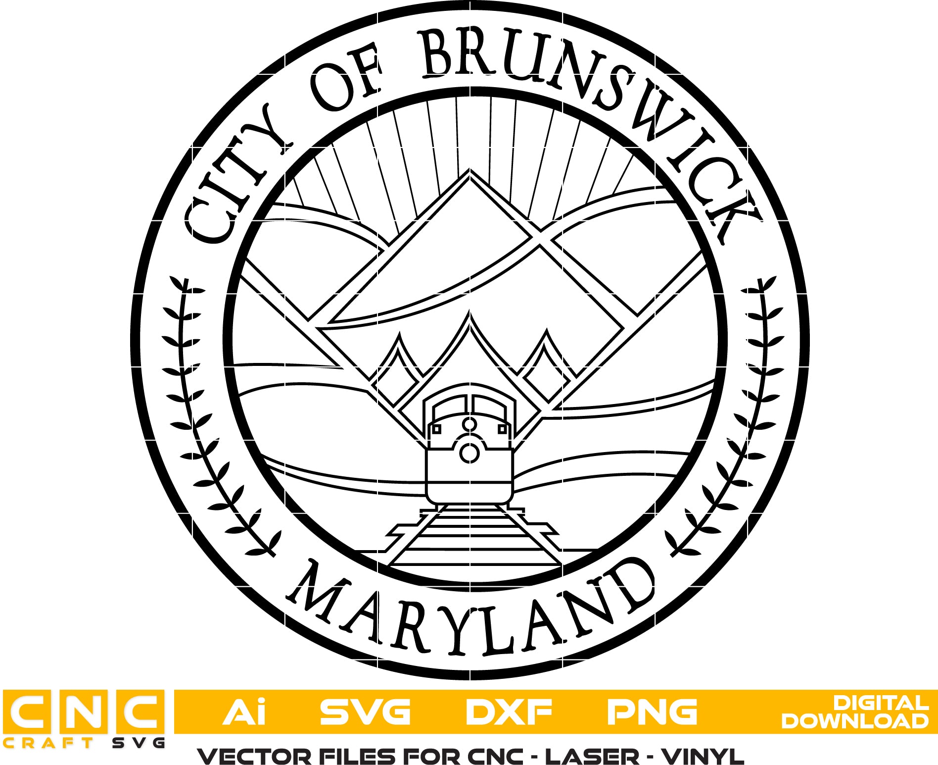 City of Brunswick Maryland Seal SVG

Railroad Town Municipal Vector Design

Locomotive and Mountains Engraving File

Brunswick City Sign CNC File

City Seal Vector for Laser Cutting