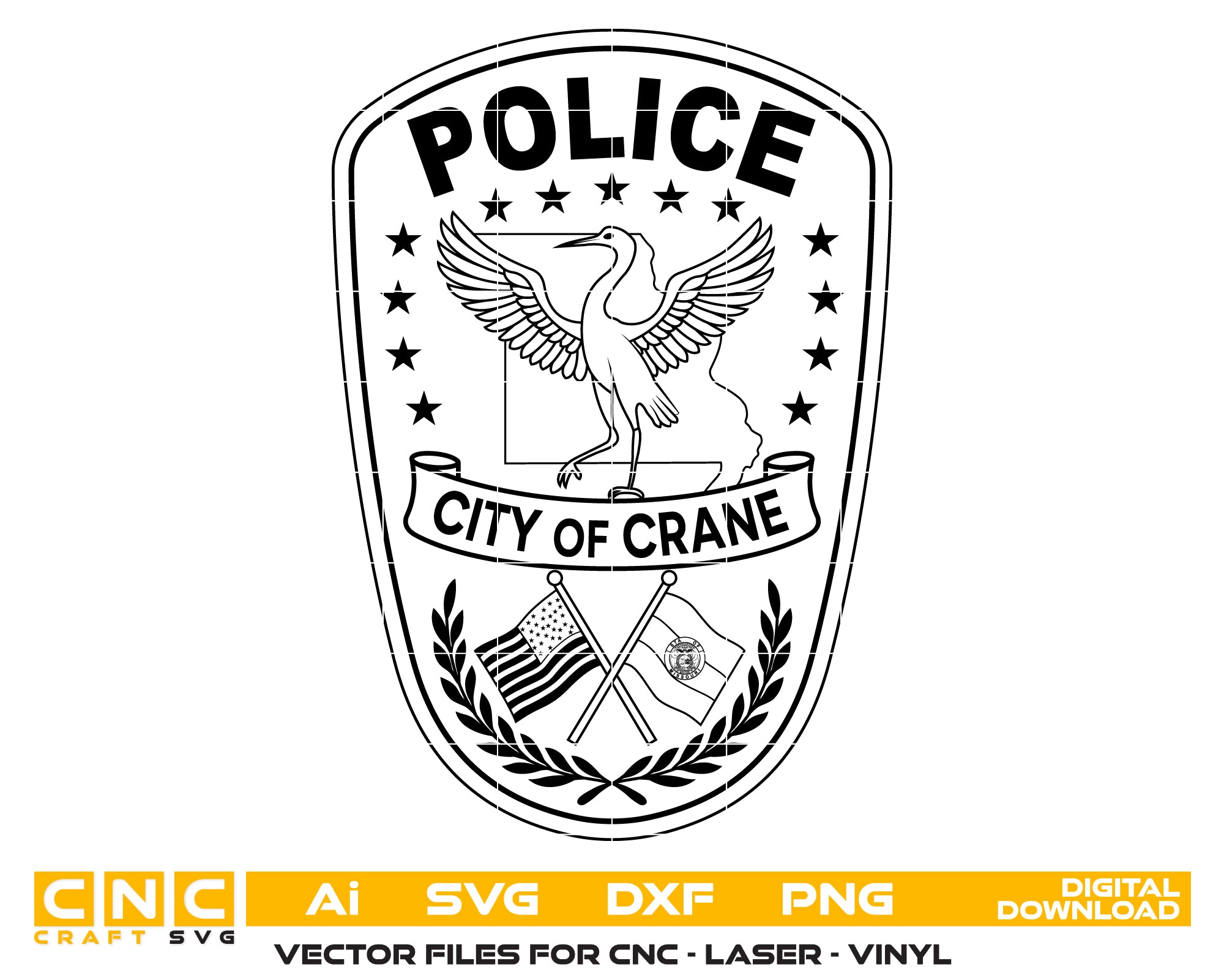 City of Crane Police Patch SVG

Texas Law Enforcement Vector Design

Crane Bird Police Shield Engraving File

City of Crane TX Police Sign CNC File

Crossed Flags Police Patch Vector for Lasers