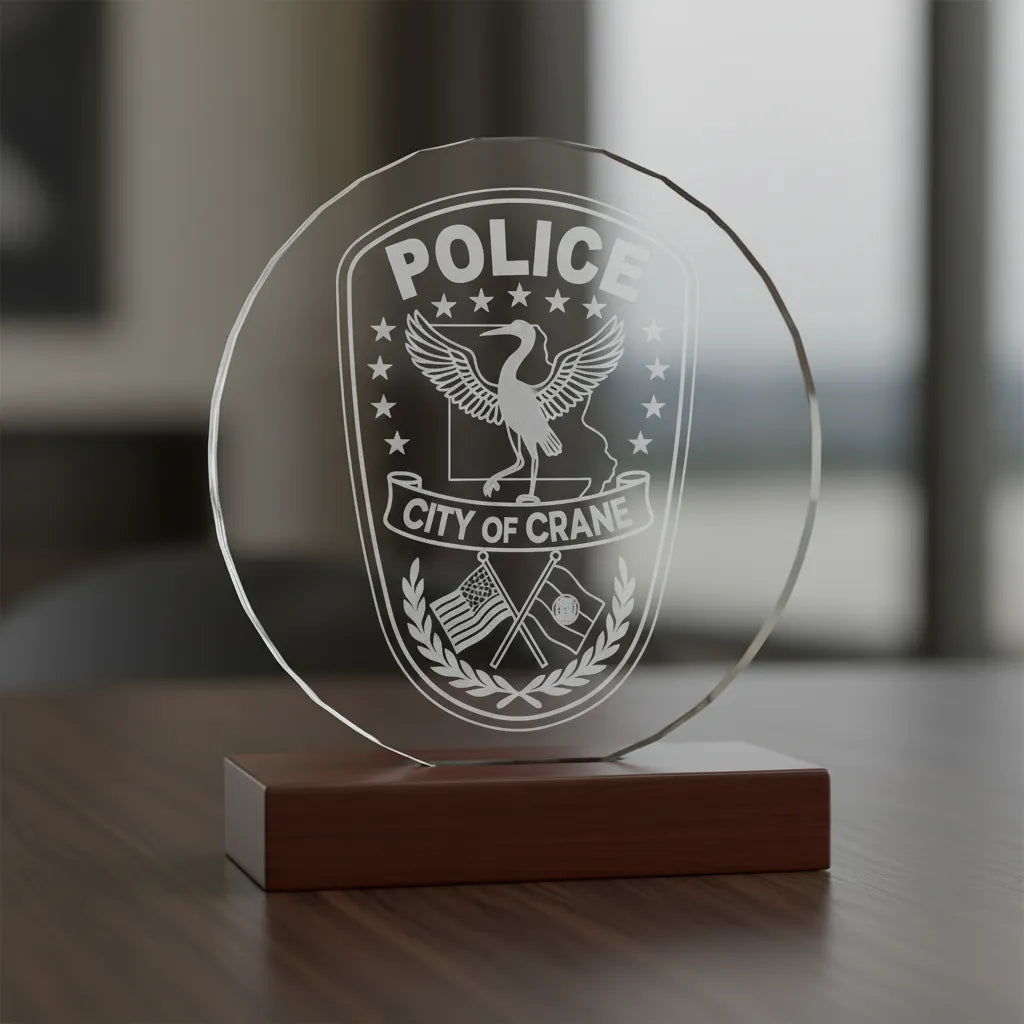 City of Crane Police Patch SVG

Texas Law Enforcement Vector Design

Crane Bird Police Shield Engraving File

City of Crane TX Police Sign CNC File

Crossed Flags Police Patch Vector for Lasers