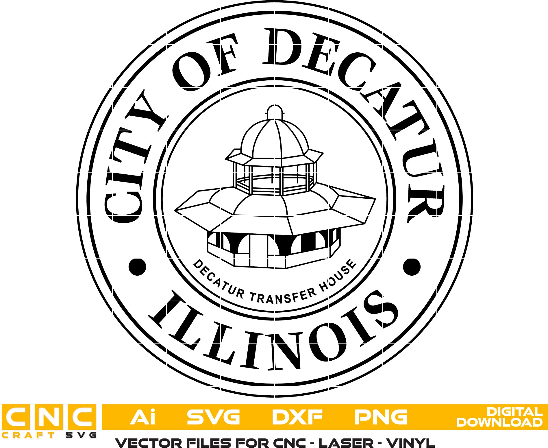 City of Decatur Illinois Seal SVG

Illinois Municipal Vector Design

Decatur Transfer House Engraving File

City Government Sign CNC File

Decatur City Seal Vector for Laser Cutting