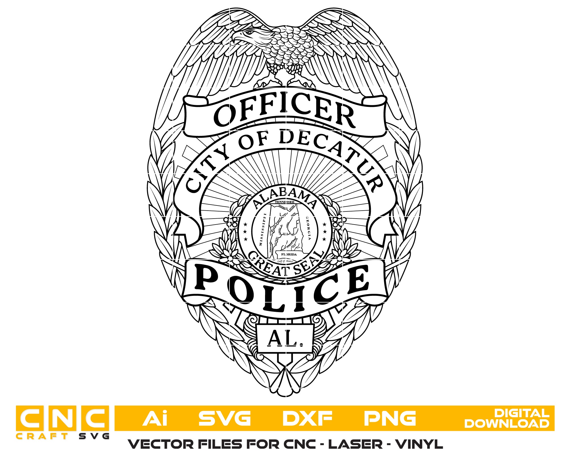 City Of Decatur Police Badge SVG

Alabama Law Enforcement Vector

Police Officer Eagle Shield Emblem

Officer Plaque Engraving File

Decatur Police Sign CNC File