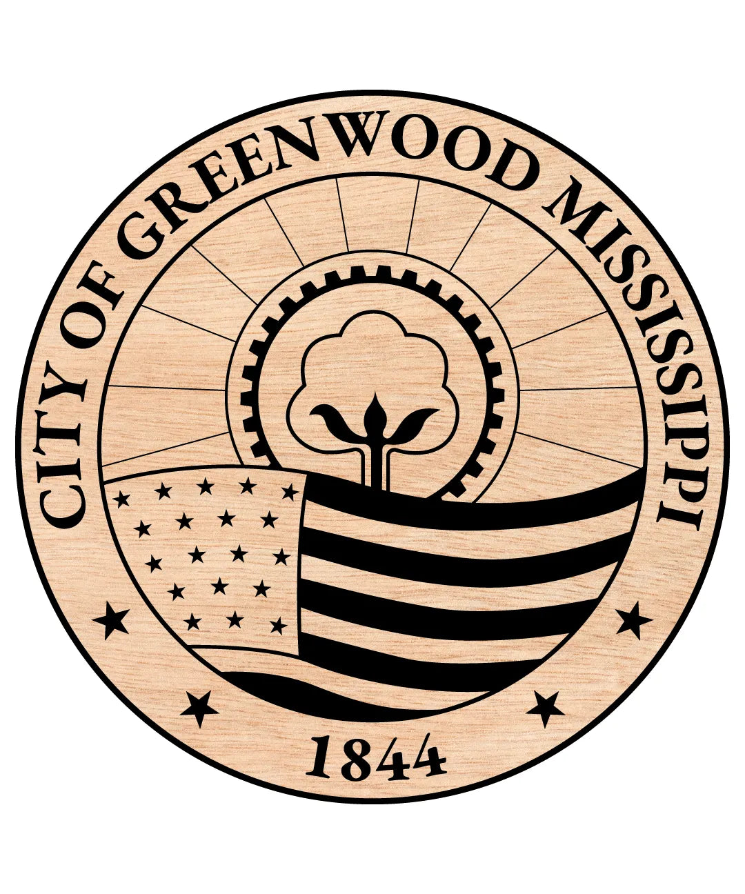 City of Greenwood Seal SVG

Mississippi Municipal Vector

Cotton Boll Gear Flag Emblem

City Plaque Engraving File

Greenwood City Sign CNC File