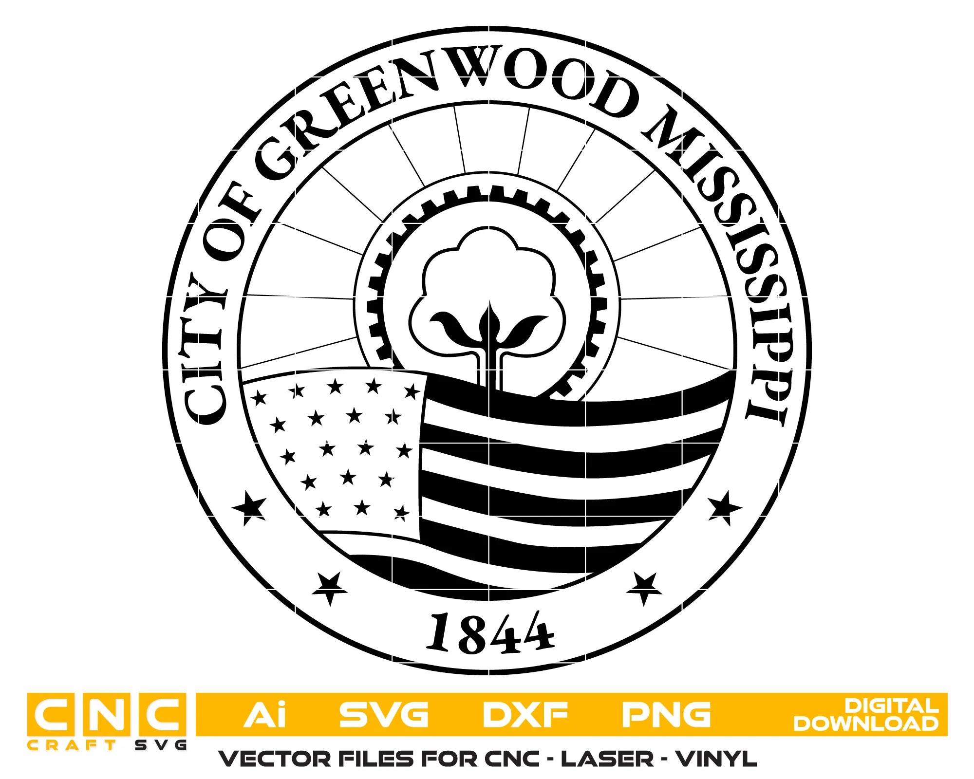 City of Greenwood Seal SVG

Mississippi Municipal Vector

Cotton Boll Gear Flag Emblem

City Plaque Engraving File

Greenwood City Sign CNC File
