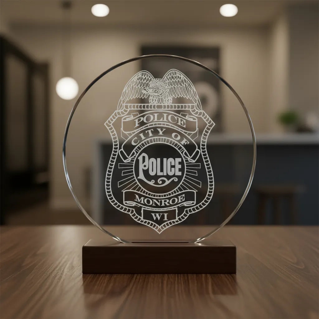 City of Monroe Police Badge SVG

Wisconsin Law Enforcement Vector Design

Eagle Police Shield Engraving File

City of Monroe WI Police Sign CNC

Law Enforcement Badge Vector for Lasers