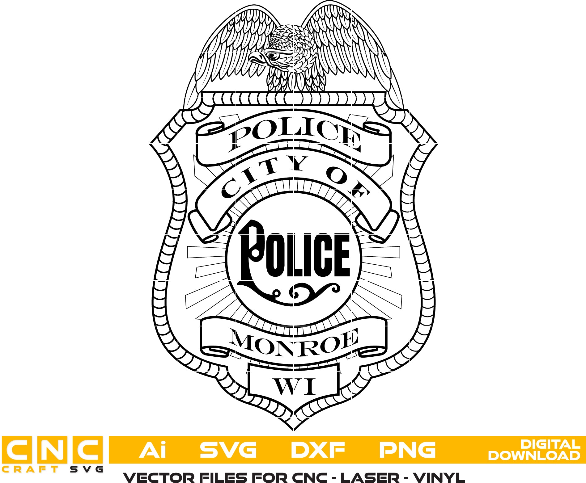 City of Monroe Police Badge SVG

Wisconsin Law Enforcement Vector Design

Eagle Police Shield Engraving File

City of Monroe WI Police Sign CNC

Law Enforcement Badge Vector for Lasers