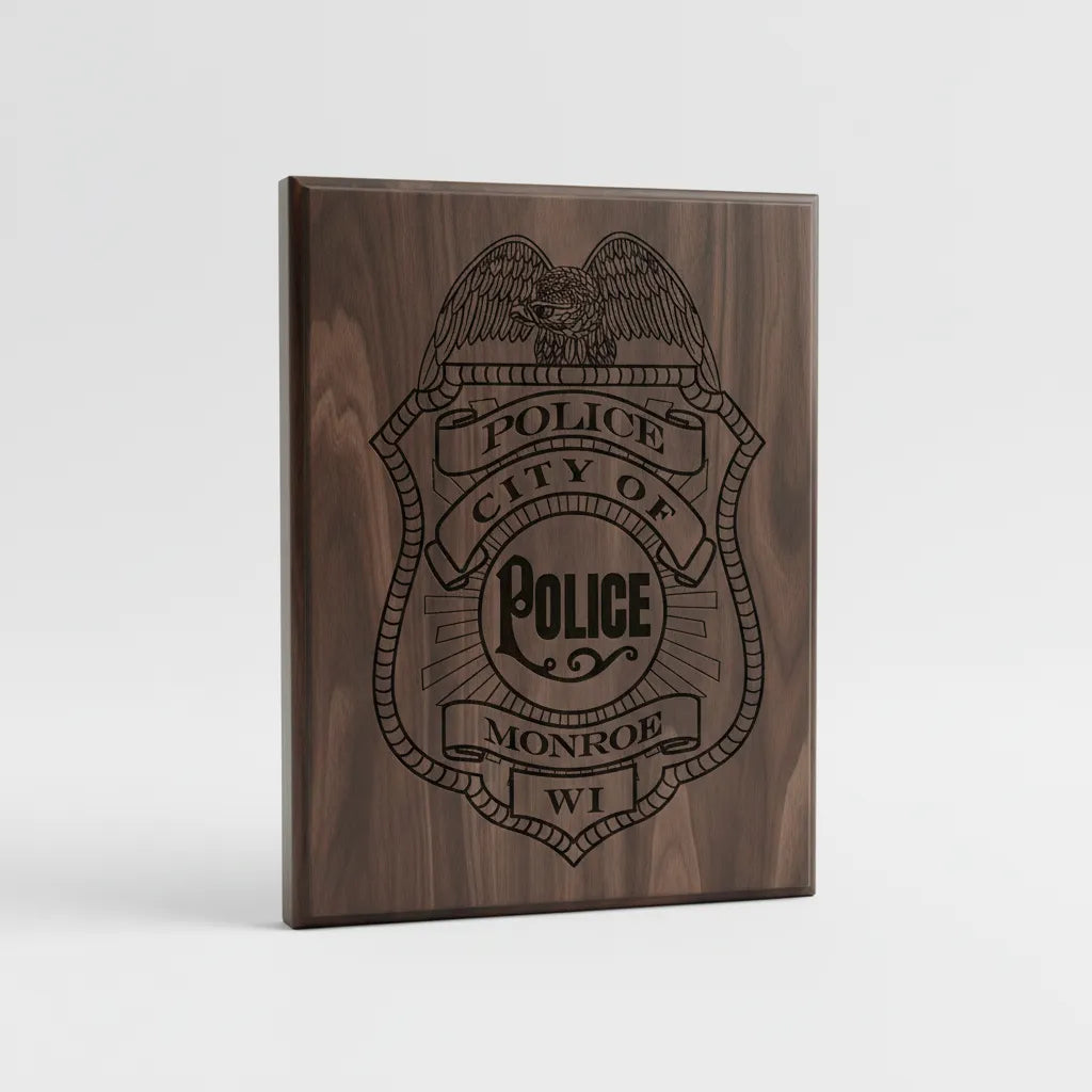 City of Monroe Police Badge SVG

Wisconsin Law Enforcement Vector Design

Eagle Police Shield Engraving File

City of Monroe WI Police Sign CNC

Law Enforcement Badge Vector for Lasers