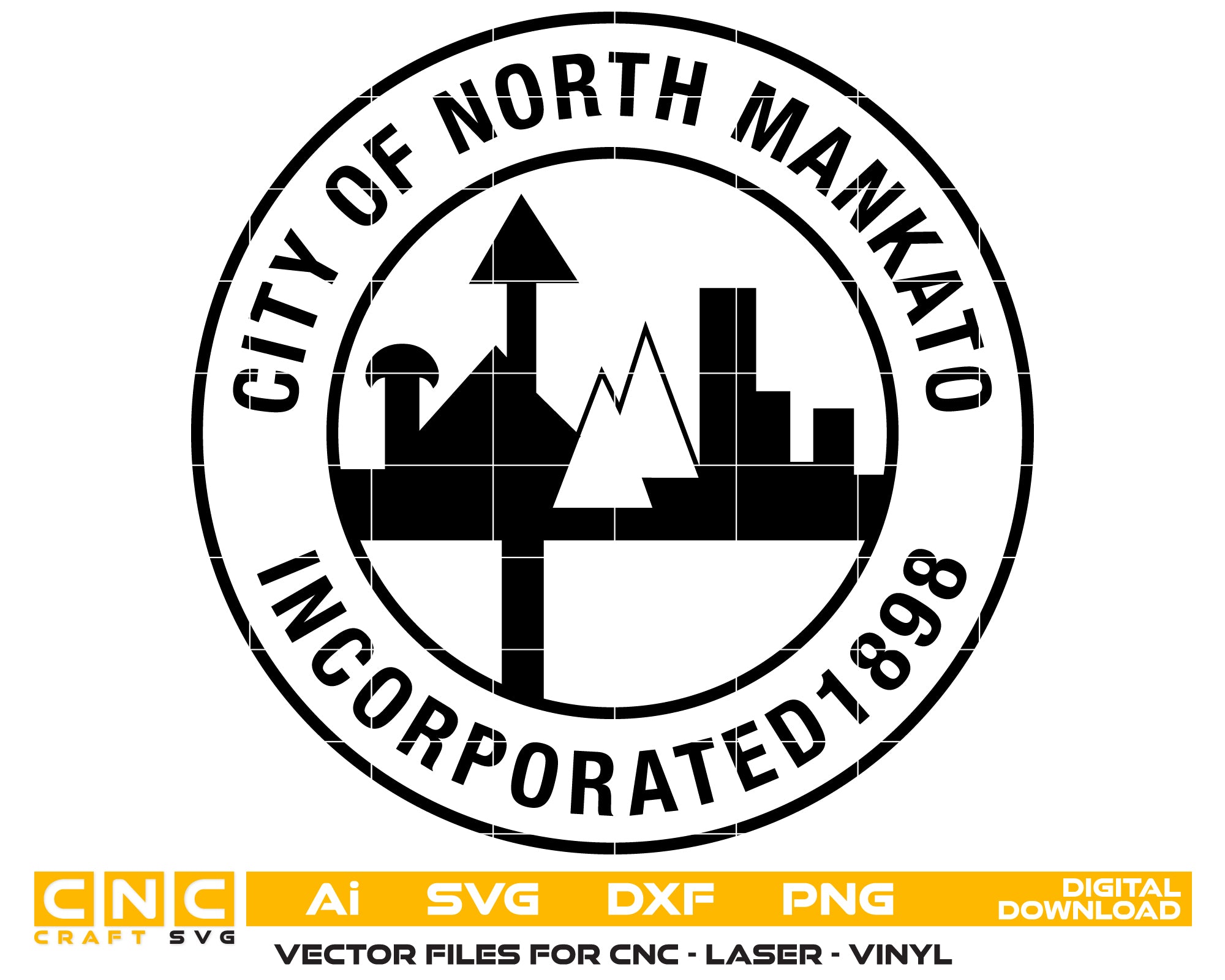 City of North Mankato Logo SVG

Minnesota City Seal Vector

Geometric Skyline Emblem

City Official Plaque Engraving File

North Mankato Sign CNC File