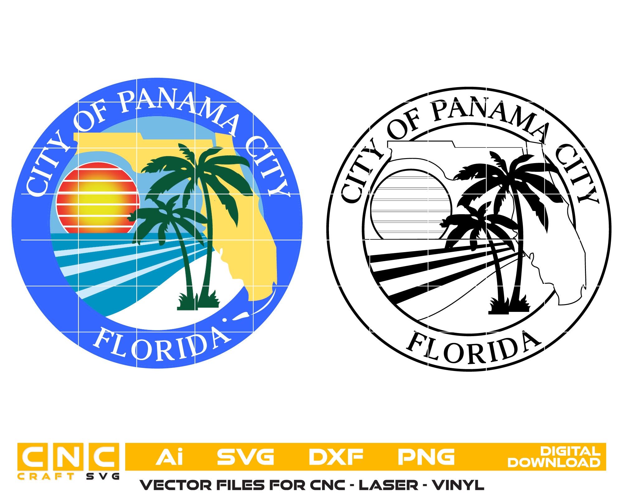 City of Panama City Seal SVG Bundle

Florida Municipal Vector Color and Line Art

Panama City Seal Engraving File

Florida Coast Sunset Sign CNC File

City Seal Vector for Laser Cutting and Sublimation