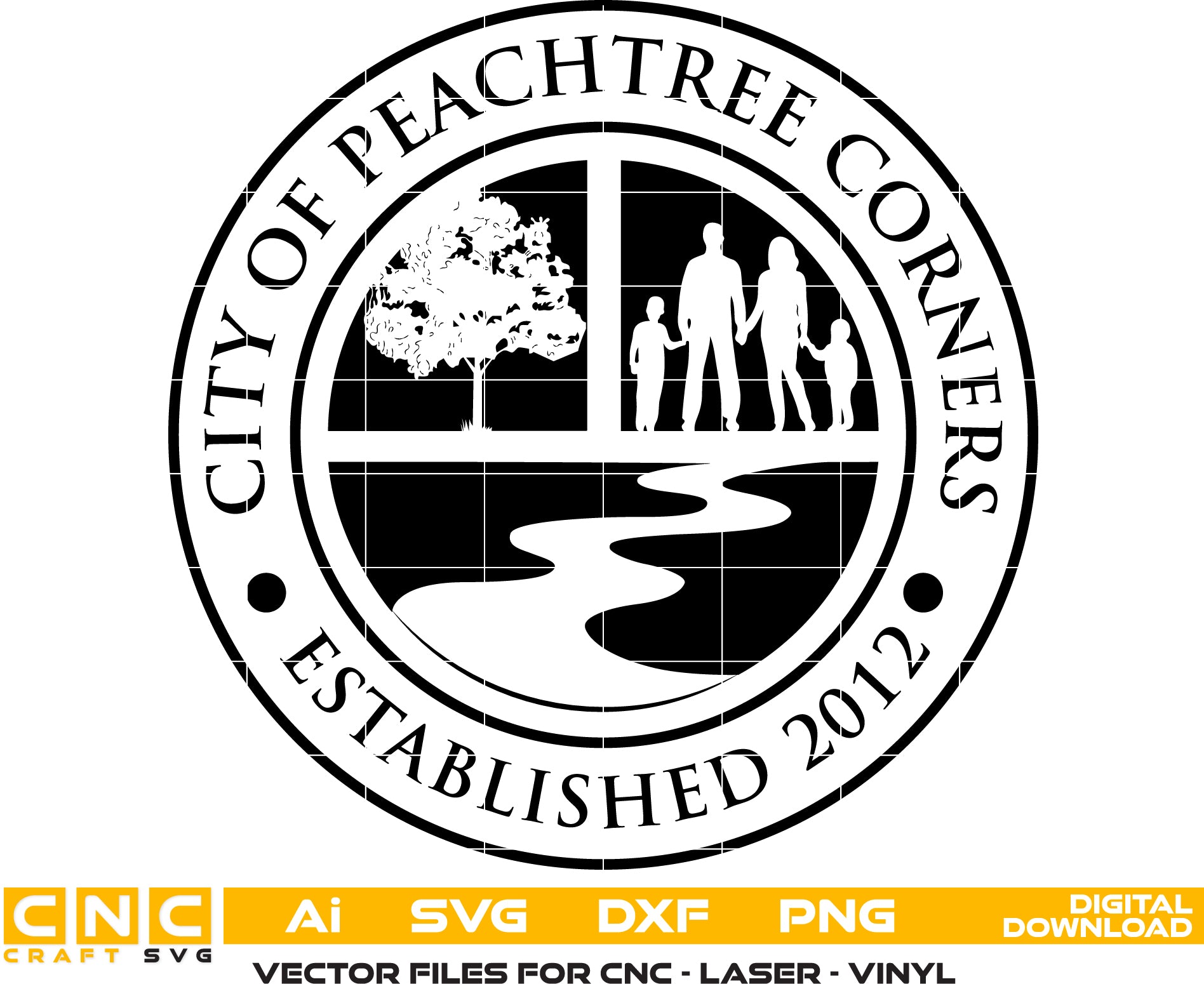 City of Peachtree Corners GA Seal SVG

Georgia Town Civic Seal Vector

Family Tree River Engraving File

Peachtree Corners Est 2012 CNC File

Municipal Civic Logo Vector for Lasers