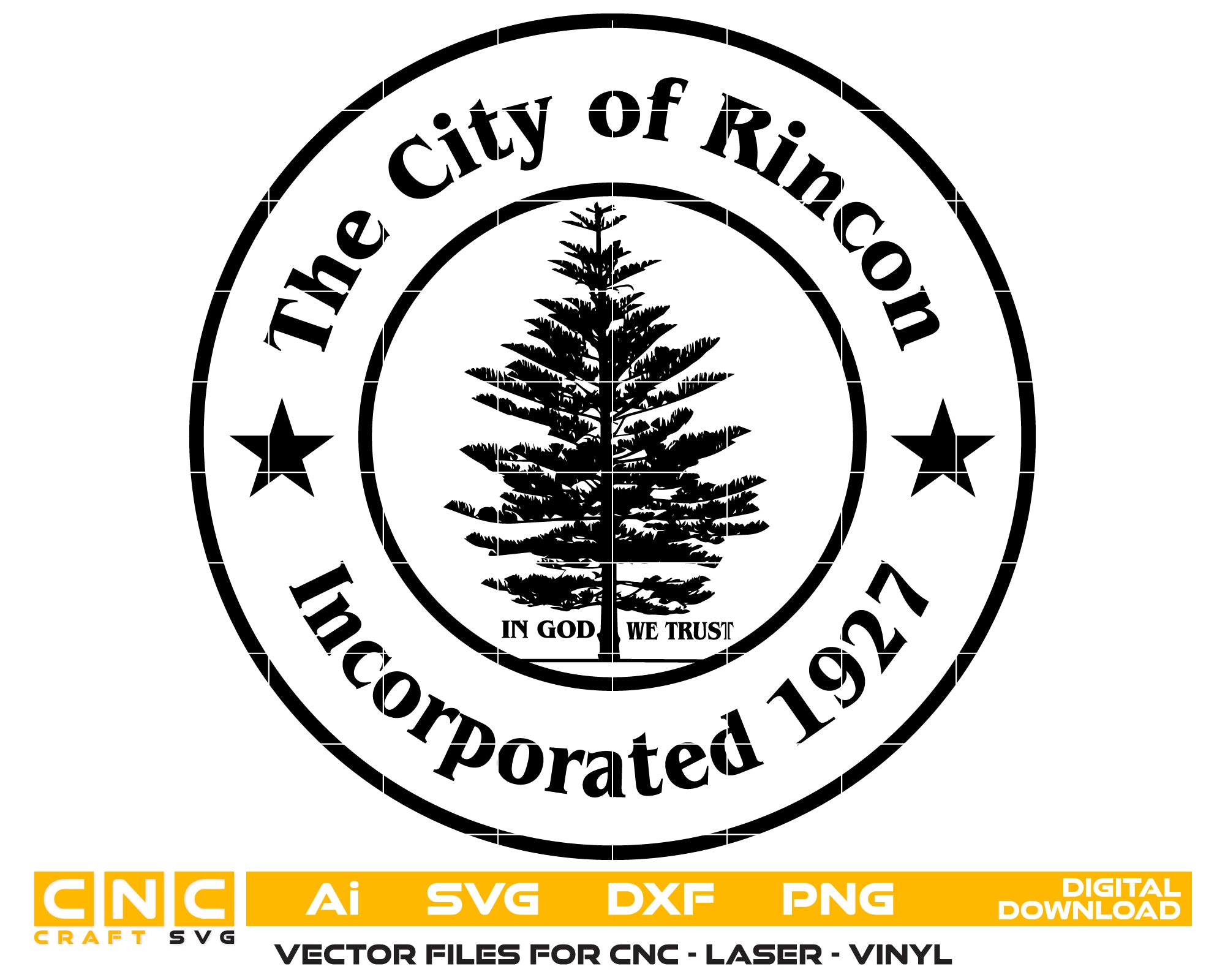 City of Rincon Seal SVG

Municipal Pine Tree Vector Design

Incorporated 1927 City Seal Engraving File

City of Rincon GA Sign CNC File

Local Government Seal Vector for Lasers