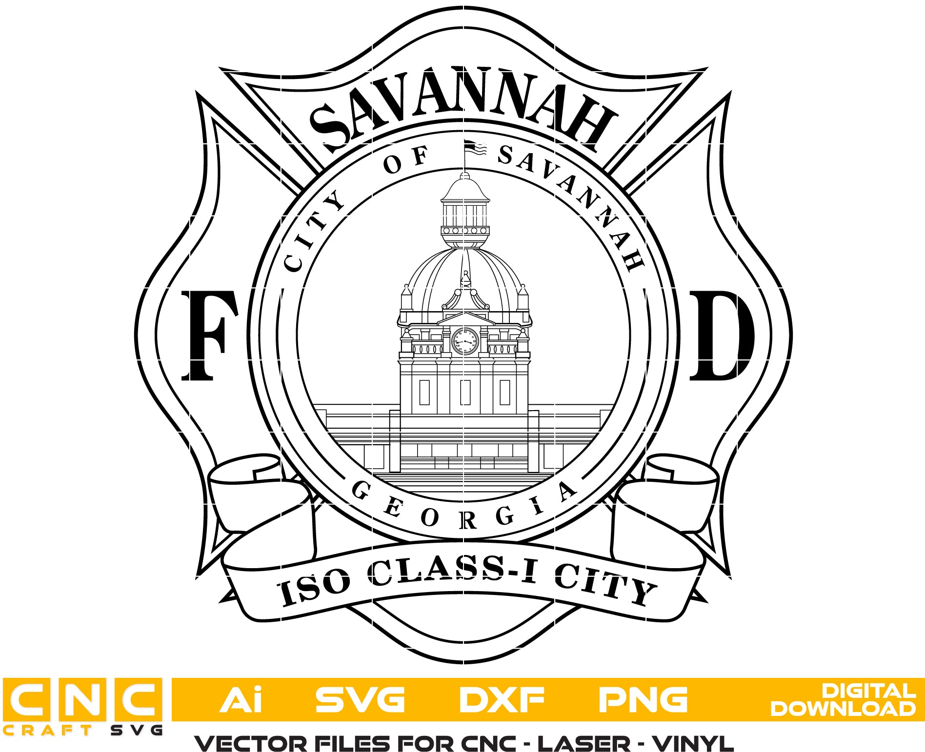 City of Savannah Fire Department Badge SVG

Georgia Fire Rescue Vector Design

Savannah City Hall Fire Shield Engraving File

Savannah GA Fire Sign CNC File

ISO Class 1 Maltese Cross Vector for Lasers