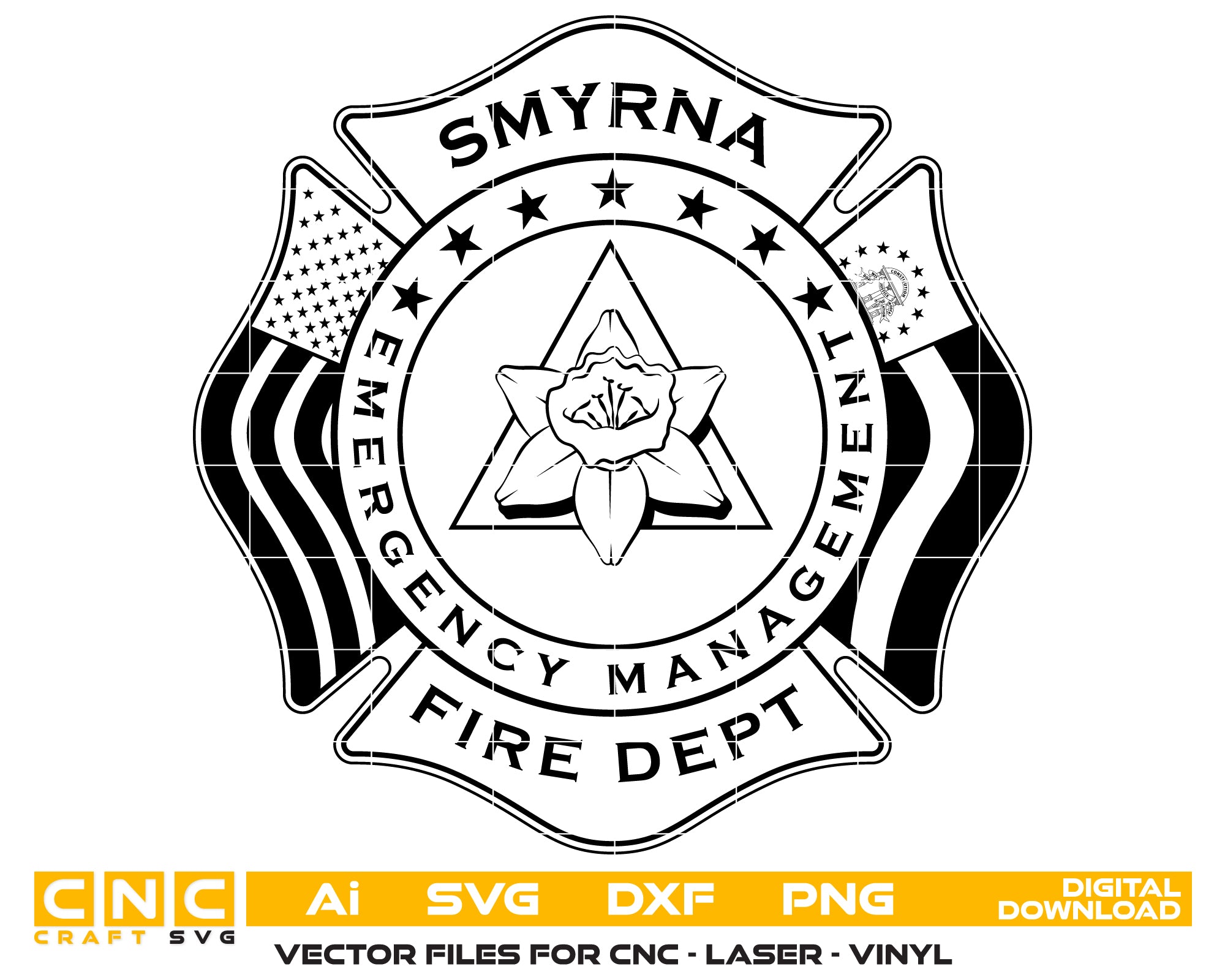 City of Smyrna Fire Dept Badge SVG

Georgia Fire Rescue Vector

Maltese Cross Jonquil Emblem

Firefighter Plaque Engraving File

Smyrna Fire Dept Sign CNC File