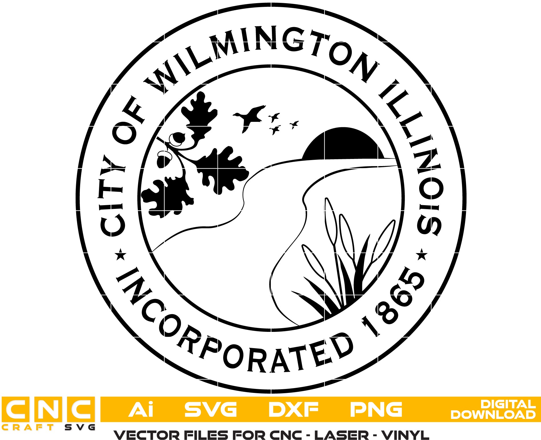 City of Wilmington Illinois Seal SVG

Illinois Municipal Vector Design

River and Nature Seal Engraving File

Wilmington City Sign CNC File

Scenic City Seal Vector for Laser Cutting