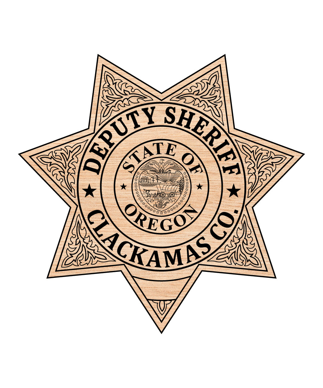 Clackamas County Sheriff Badge SVG

Oregon Deputy Sheriff Vector Design

Clackamas County 7-Point Star Badge

Law Enforcement Badge for Engraving

Oregon State Seal Police Emblem