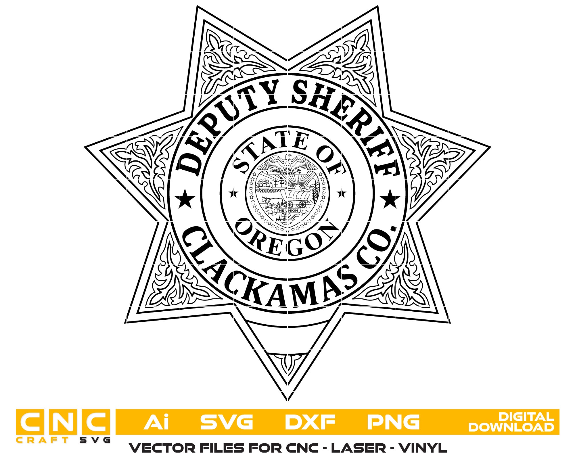 Clackamas County Sheriff Badge SVG

Oregon Deputy Sheriff Vector Design

Clackamas County 7-Point Star Badge

Law Enforcement Badge for Engraving

Oregon State Seal Police Emblem
