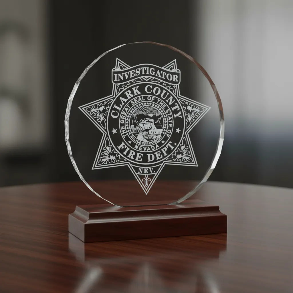Clark County Fire Investigator Badge SVG

Nevada Fire Department Vector

7-Point Star State Seal Emblem

Investigator Plaque Engraving File

Clark County Fire Sign CNC File