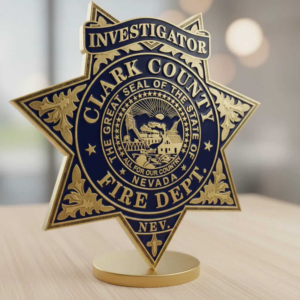Clark County Fire Investigator Badge SVG

Nevada Fire Department Vector

7-Point Star State Seal Emblem

Investigator Plaque Engraving File

Clark County Fire Sign CNC File