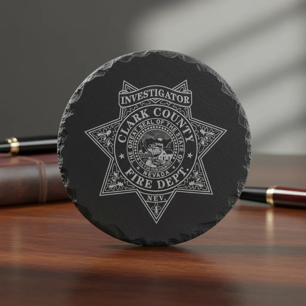 Clark County Fire Investigator Badge SVG

Nevada Fire Department Vector

7-Point Star State Seal Emblem

Investigator Plaque Engraving File

Clark County Fire Sign CNC File