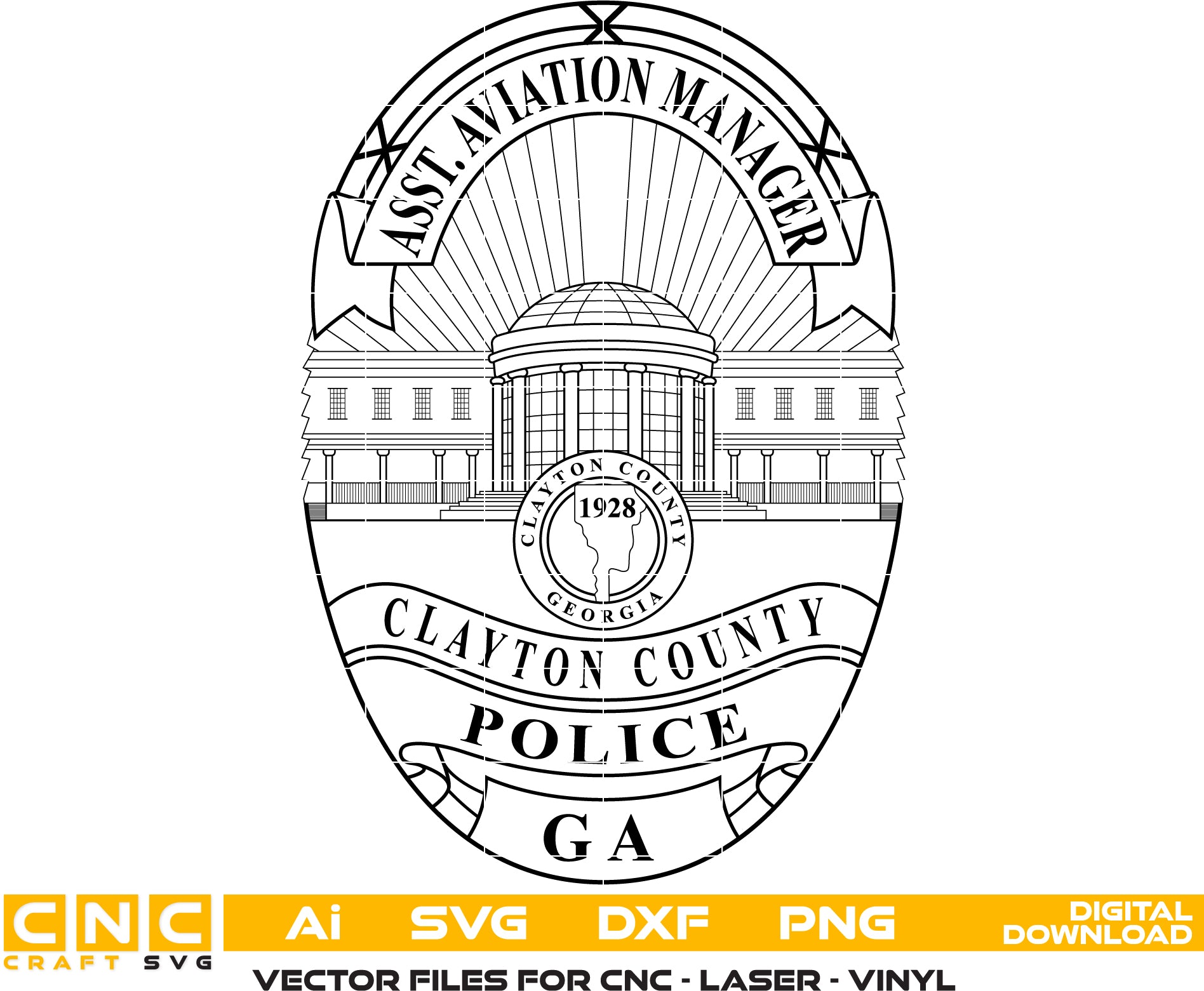 Clayton County Police Department Badge SVG

Georgia Law Enforcement Vector Design

Domed Building Police Badge Engraving File

Clayton County GA Police Sign CNC File

Aviation Manager Law Enforcement Vector for Lasers