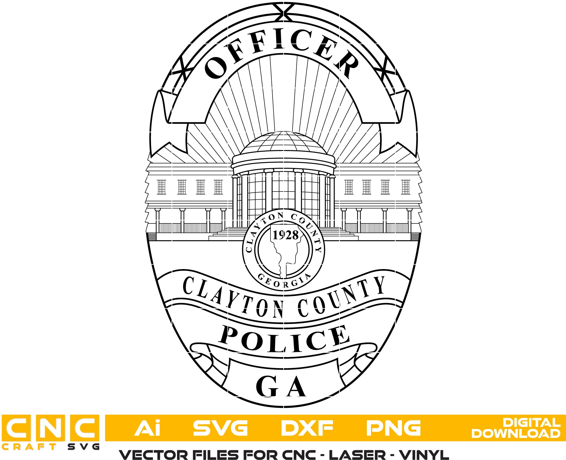 Clayton County Police Officer Badge SVG

Georgia Law Enforcement Vector Design

Domed Building Police Badge Engraving File

Clayton County GA Police Sign CNC File

Police Officer Badge Vector for Lasers