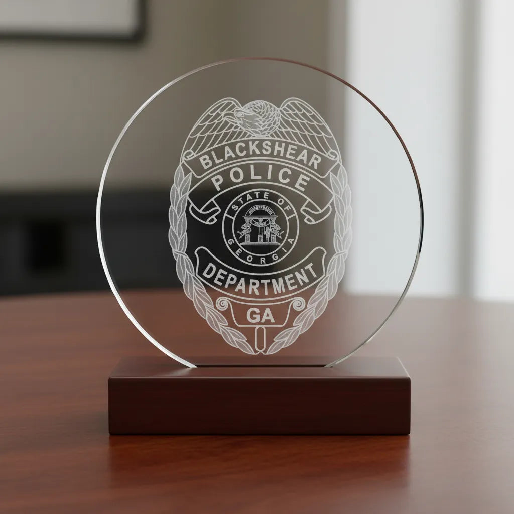 Blackshear Police Badge SVG

Georgia Law Enforcement Vector Design

5-Point Star Police Badge Engraving File

Blackshear GA Police Sign CNC File

State of Georgia Seal Vector for Laser Cutting