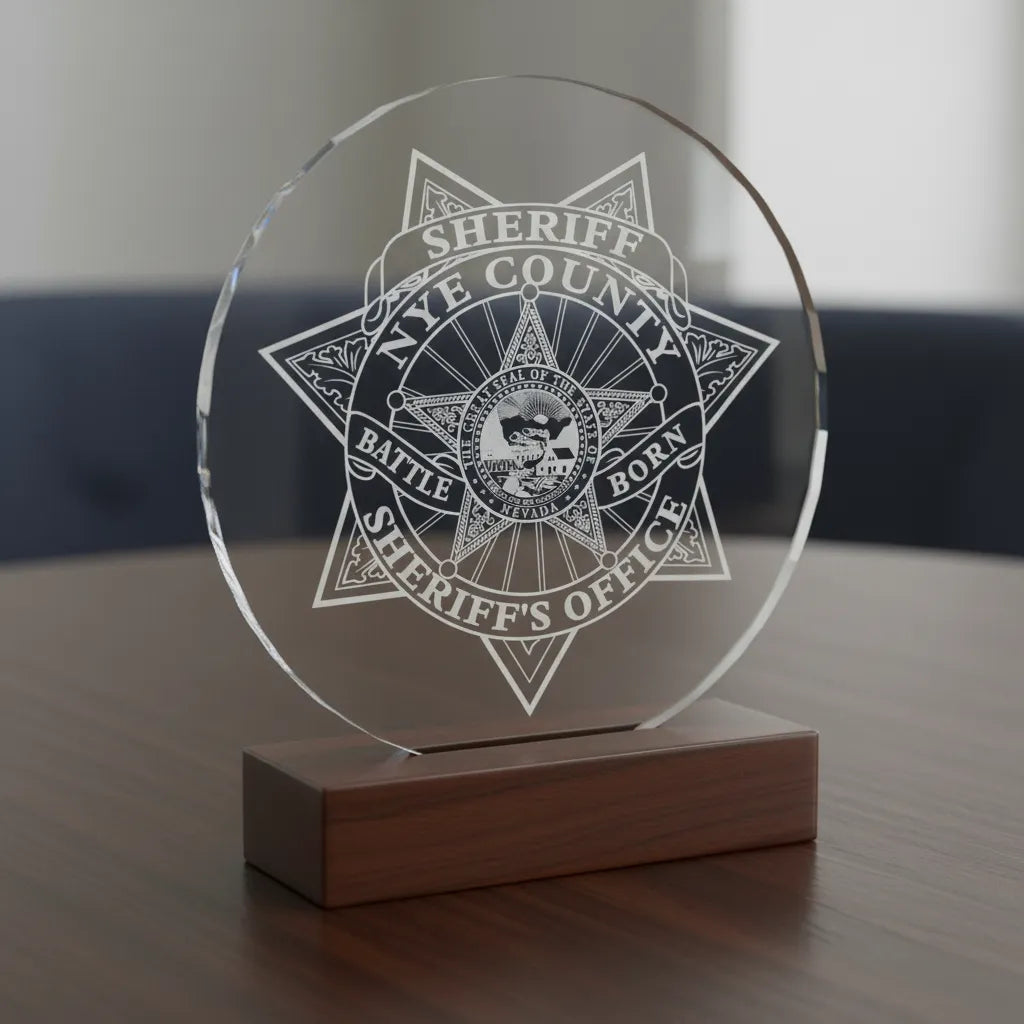 Nye County Sheriff Badge SVG

Nevada Law Enforcement Vector Design

7-Point Star Sheriff Badge Engraving File

Nye County NV Sheriff Sign CNC File

Nevada State Seal Police Vector for Lasers
