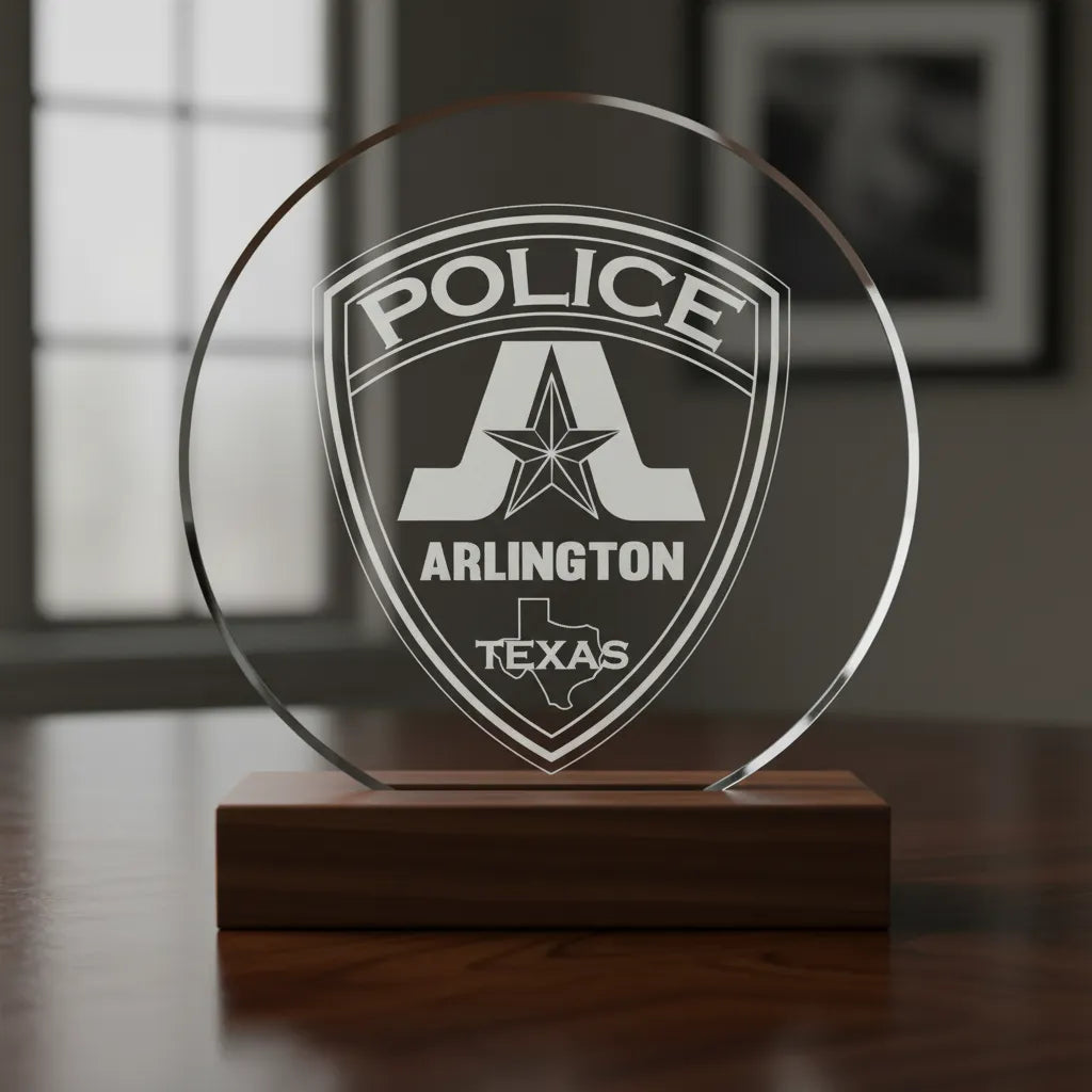 High-detail vector line art of the "Texas Arlington Police Badge.jpg" featuring a shield badge with a large stylized letter A, a lone star, and the Texas state map.
