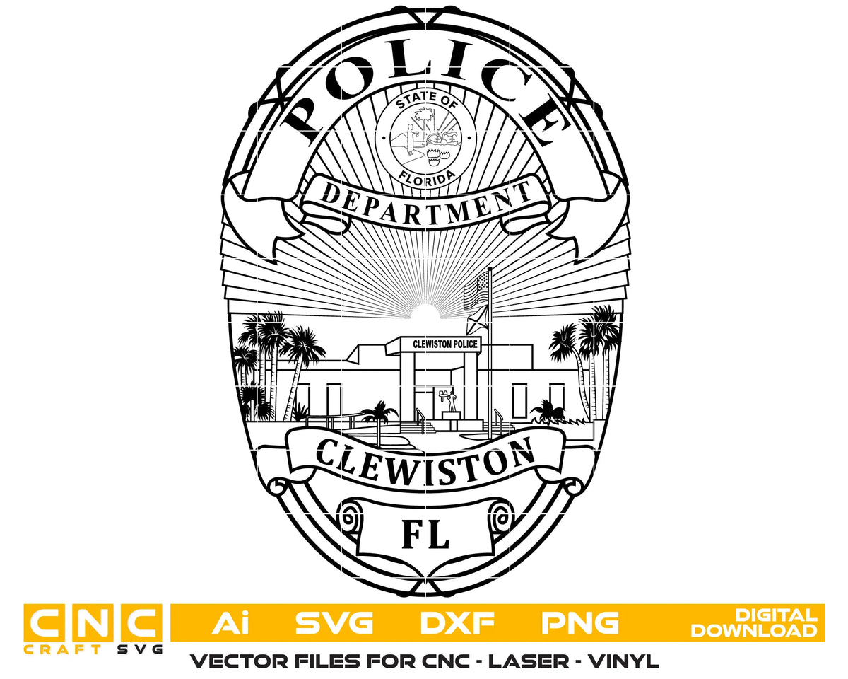 Black and white vector graphic of the Clewiston Florida police department seal, shown with file format labels and a bottom banner reading 'CNC Craft SVG', 'Ai SVG DXF PNG', and 'DIGITAL DOWNLOAD'.