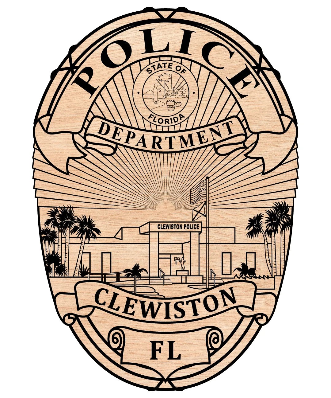 A wooden badge-shaped plaque featuring a black engraved design of the Clewiston Police Department, Florida, with palm trees, a building, flagpole, and sunburst rays.