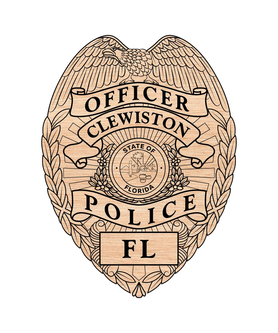 A wooden novelty badge shaped like a Florida police officer badge, featuring engraved text that reads 'OFFICER CLEWISTON POLICE FL' and 'STATE OF FLORIDA' on a plain white background.