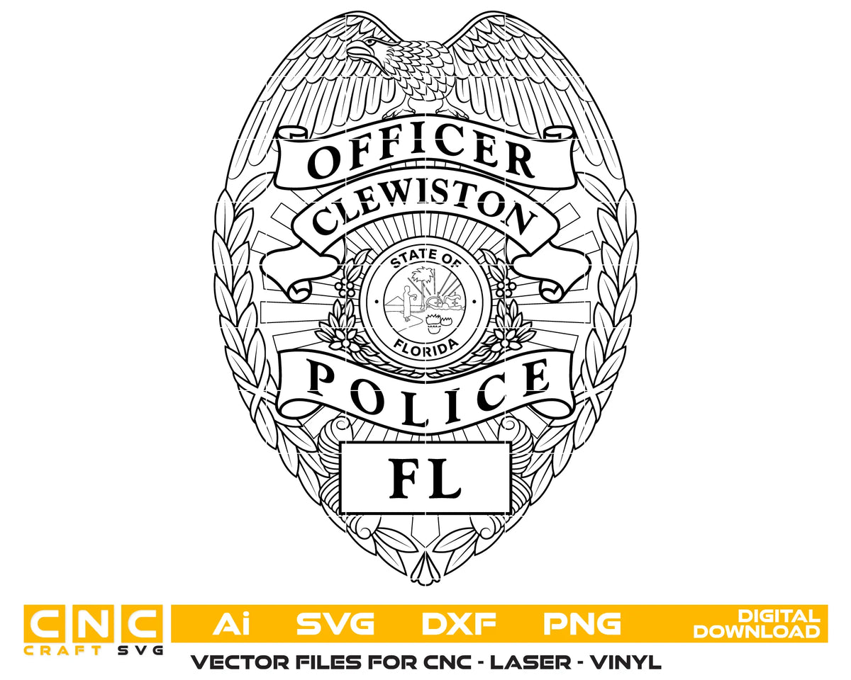 Black and white line art of a Florida Clewiston Police badge vector design, shown on a white background with a yellow banner at the bottom listing file formats and CNC/Laser vinyl use.