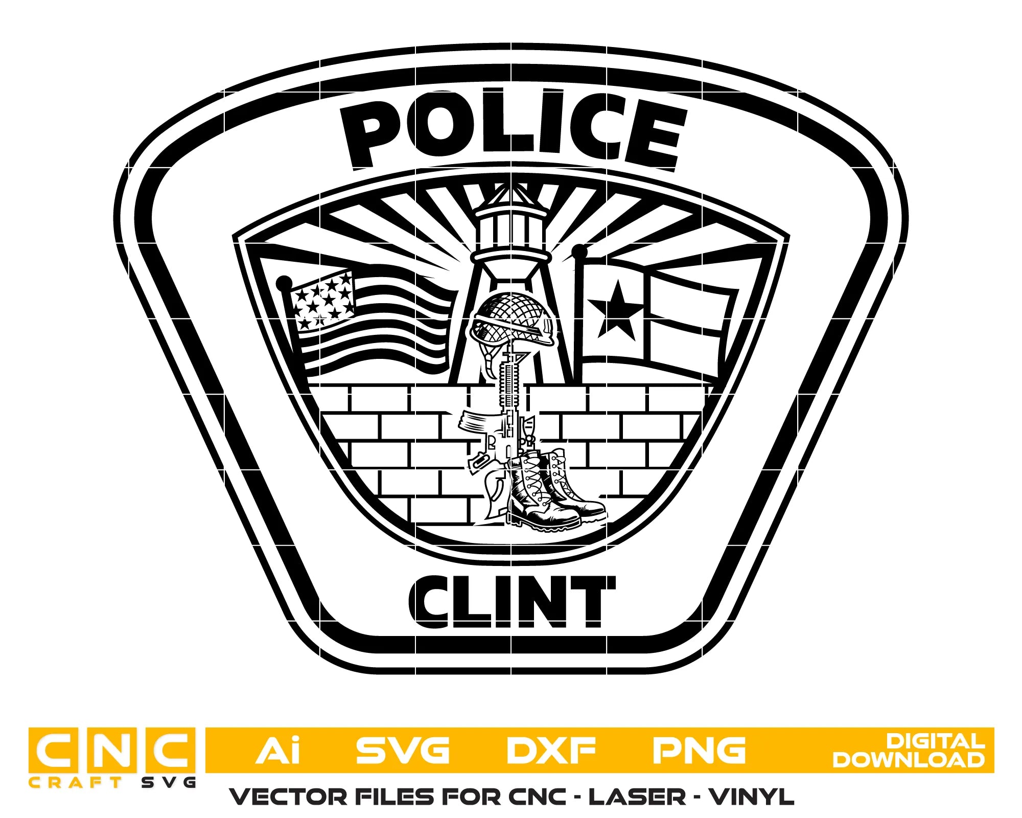Clint Police Logo Patch SVG

Texas Law Enforcement Vector Design

Police Fallen Soldier Tribute Engraving File

Clint Texas Police Sign CNC File

Shield Patch Vector for Laser Cutting