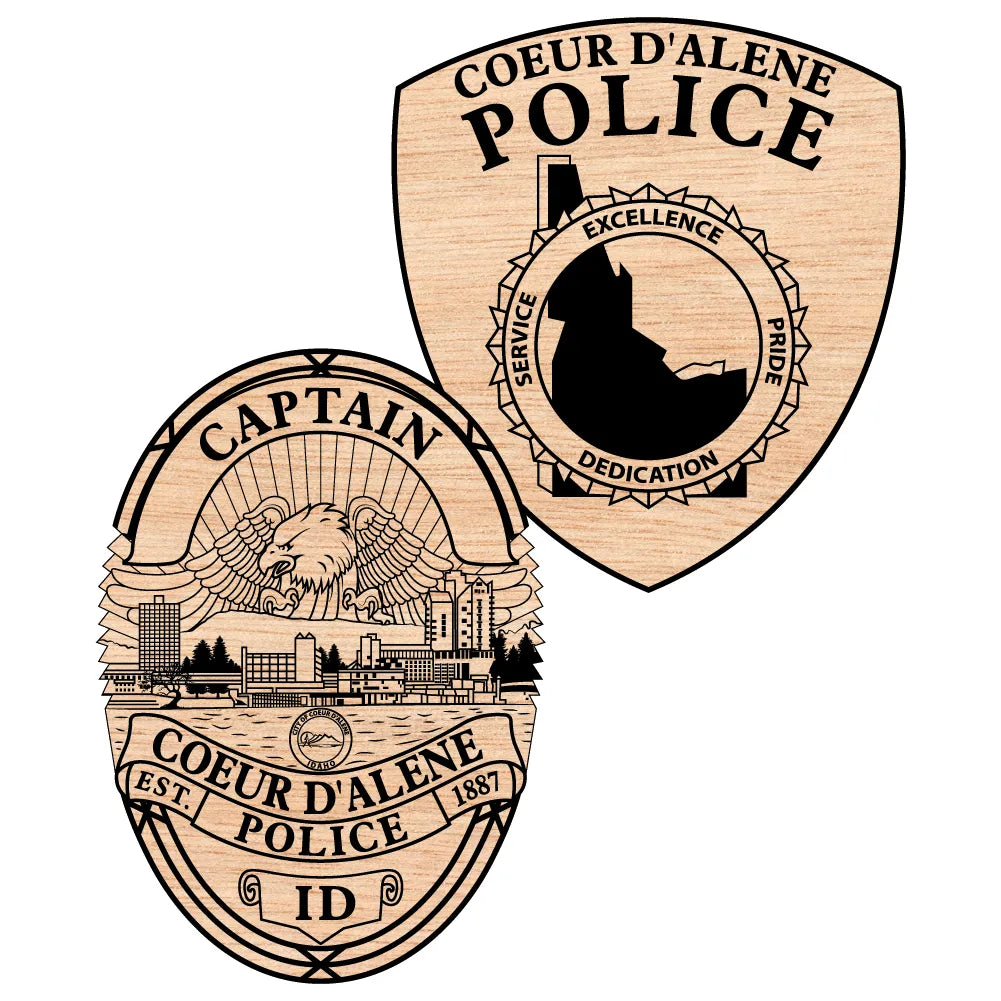 Coeur D'Alene Police Badge SVG

Idaho Law Enforcement Vector

Police Badge Skyline Eagle Emblem

Captain Plaque Engraving File

Coeur D'Alene Police Sign CNC File