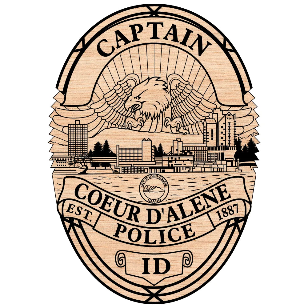 Coeur D'Alene Police Badge SVG

Idaho Law Enforcement Vector

Police Badge Skyline Eagle Emblem

Captain Plaque Engraving File

Coeur D'Alene Police Sign CNC File 