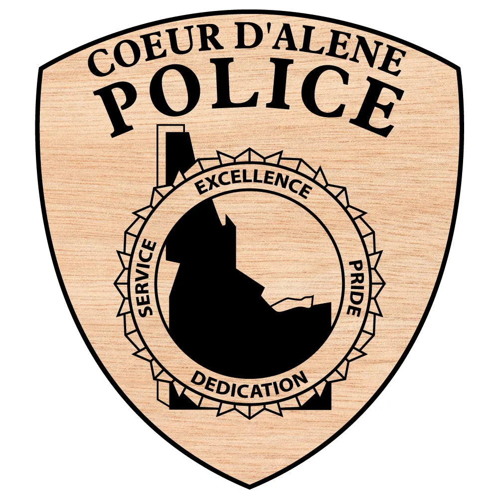 Coeur D'Alene Police Patch SVG

Idaho Law Enforcement Vector

Police Shield State Outline Emblem

Officer Plaque Engraving File

Coeur D'Alene Police Sign CNC File