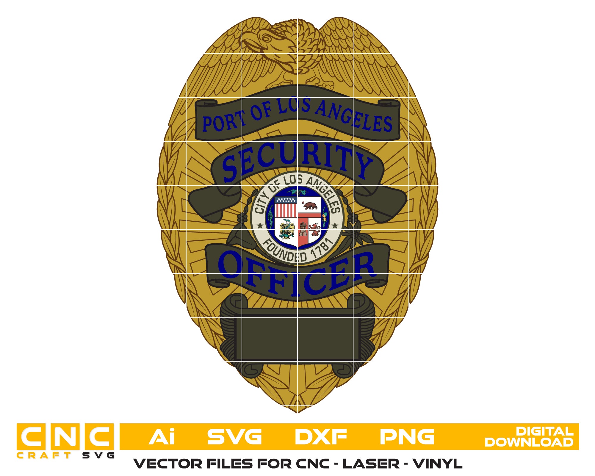 Color Port of Los Angeles Security Badge SVG

California Security Officer Color Vector Design

Gold Eagle Badge Sublimation File

Port of LA Security Sign CNC Vector

City of Los Angeles Seal Full Color Vector